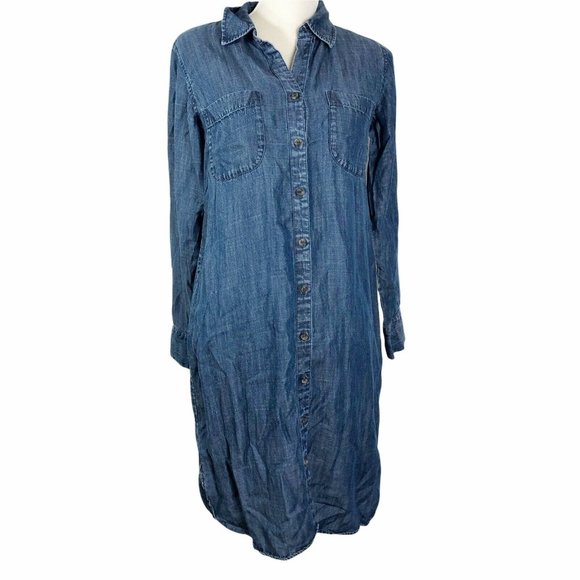 Soft Surroundings Dresses & Skirts - Soft Surroundings XS Button Front Shirt Dress 26112 Tencel Chambray Denim Blue